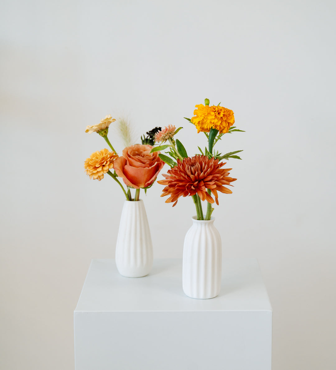 Two white vases with flowers on a white pedestal against a light gray background available for pick-up and delivery in Central, Ohio