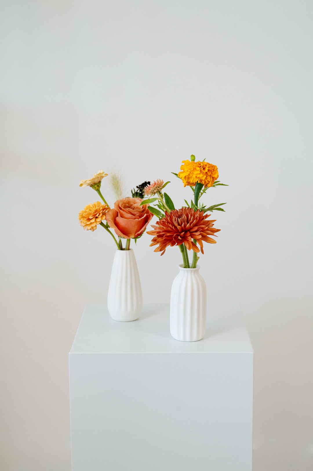 Two white vases with flowers on a white pedestal against a light gray background available for pick-up and delivery in Central, Ohio