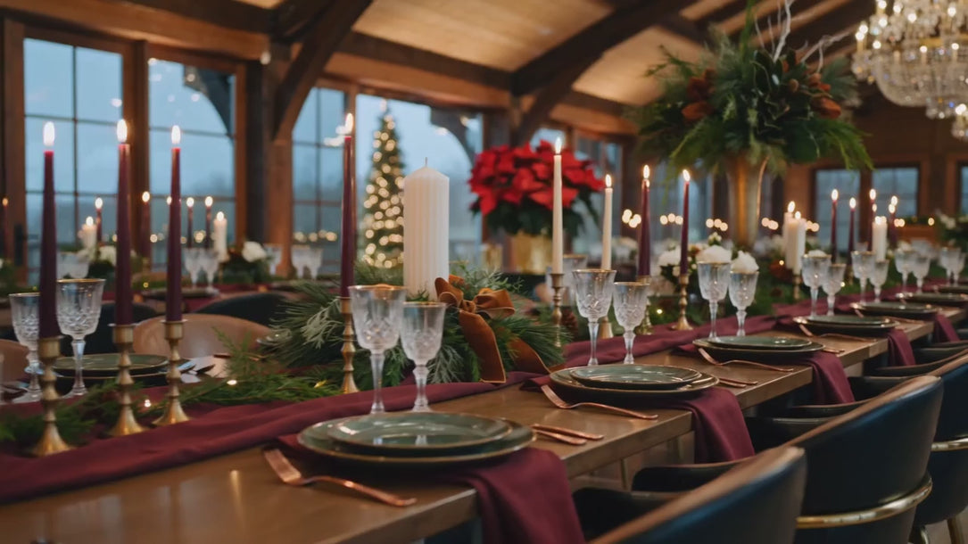 Tastefully decorated corporate even with crystal glasses, green plates and floral arrangements from Flocal Co.