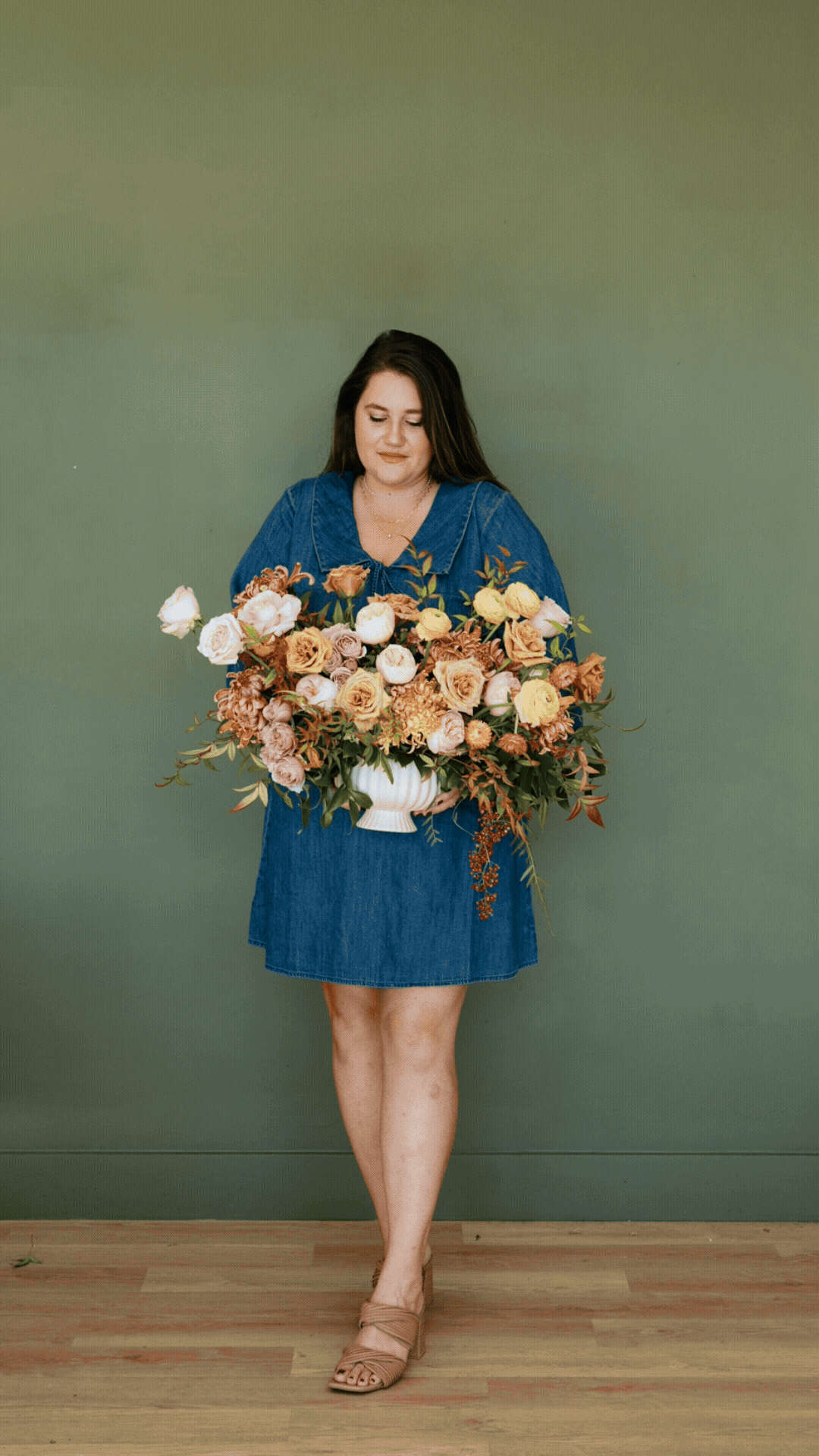 Images of Rachel Priest, owner of Flocal Co. Columbus' top rated floral shop, smiling at the camera and arranging flowres.