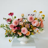 Luxe Summer Countryside arrangement with garden roses, dahlias, cosmos, on a white background and locally grown Columbus flowers by Flocal Co
