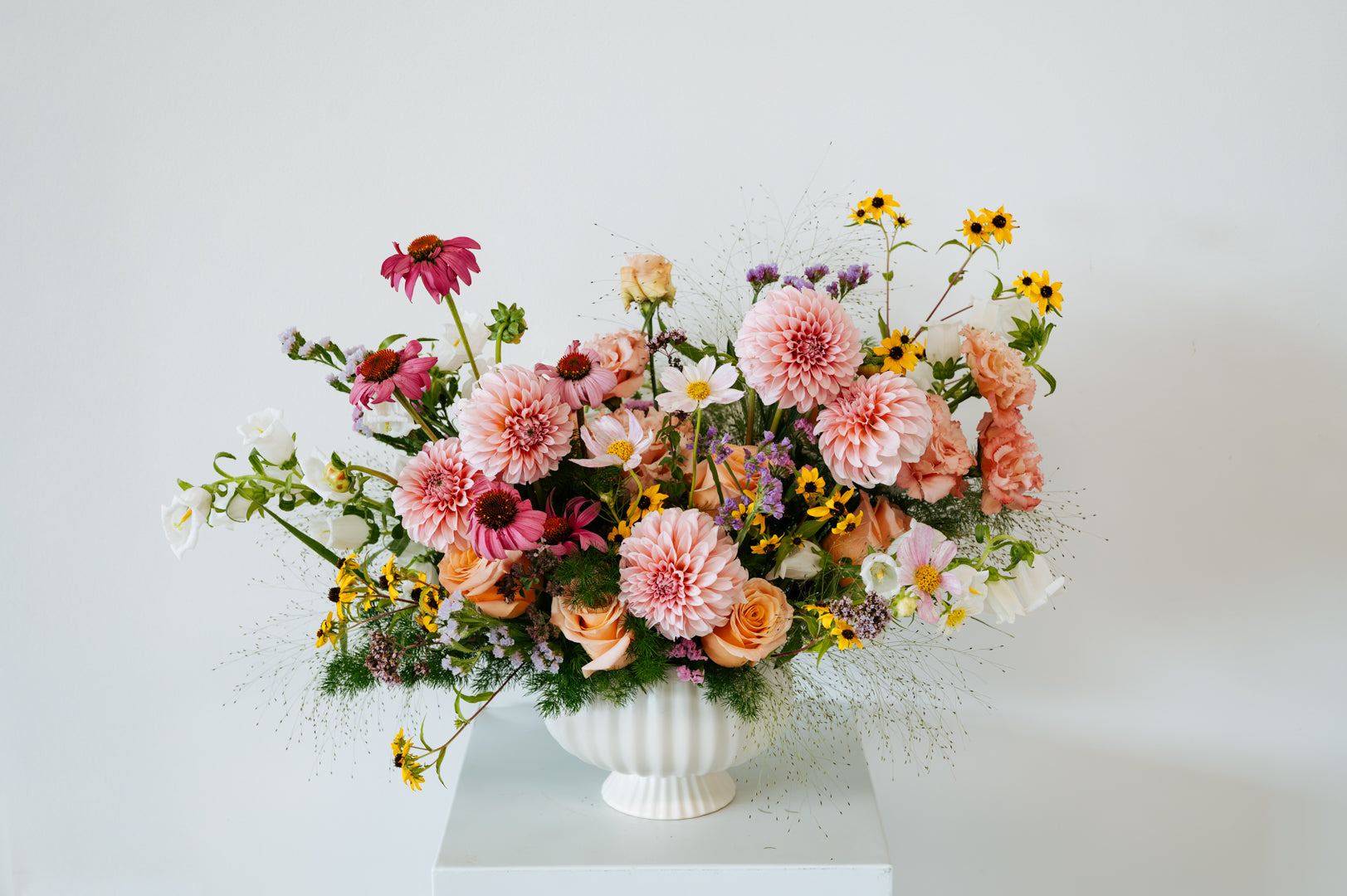 Luxe Summer Countryside arrangement with garden roses, dahlias, cosmos, on a white background and locally grown Columbus flowers by Flocal Co