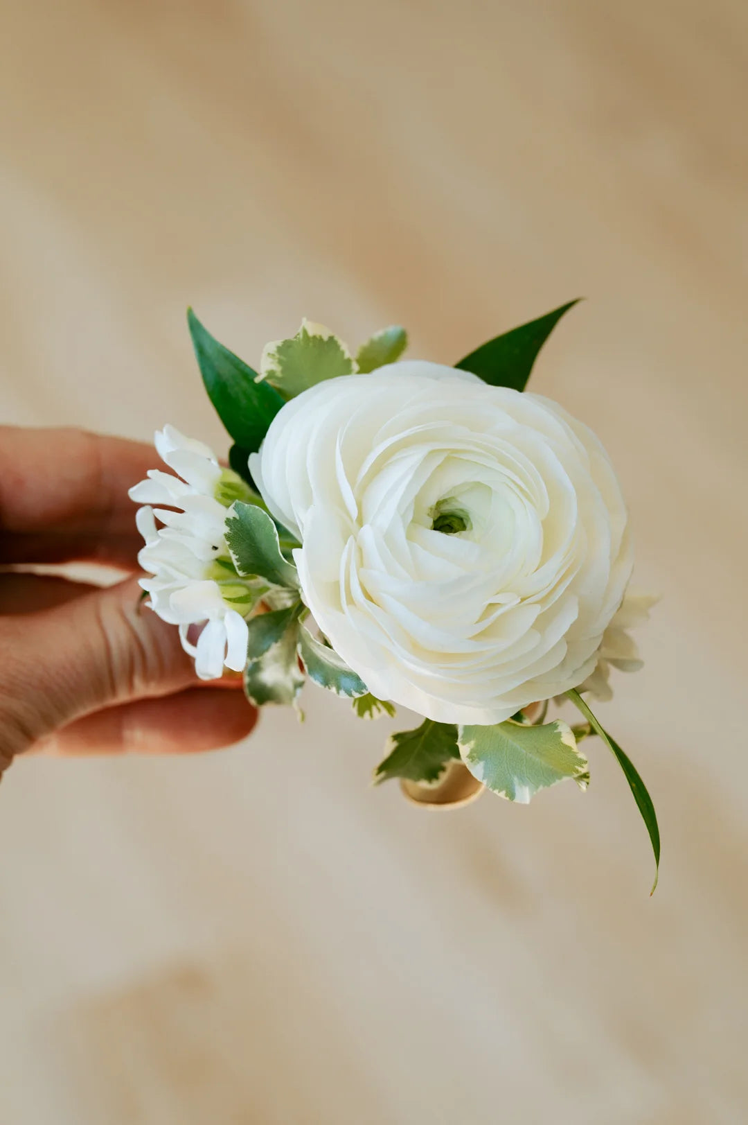 White flower corsage held by a hand against a beige background