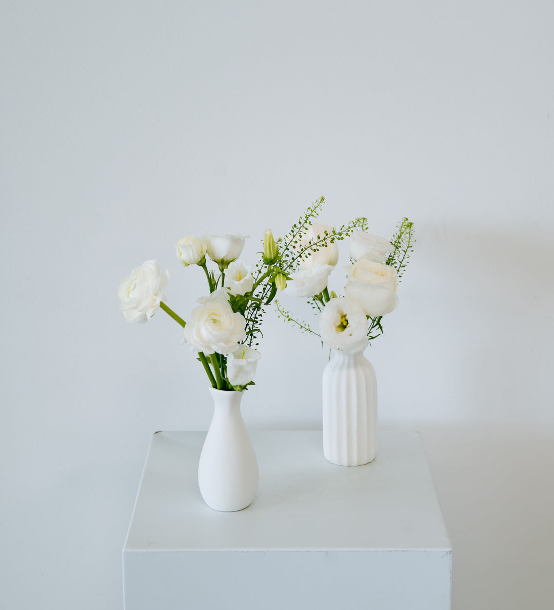Two white ceramic vases with white flowers and green stems, displayed on a white pedestal against a light gray wall available for pick-up and local delivery in Columbus, Ohio